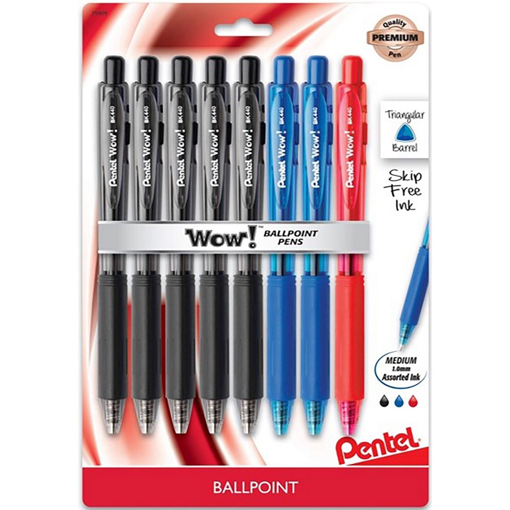 8ct Wow! Ballpoint Pens 1mm Black/Blue/Red - Pentel: Retractable Click Pens for Art & Office, 8 Pack - Bellso